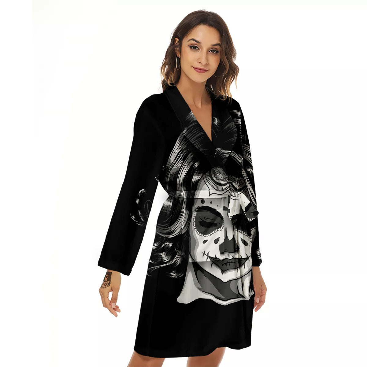 Calavera Girl White And Black Print Women's Robe-grizzshop