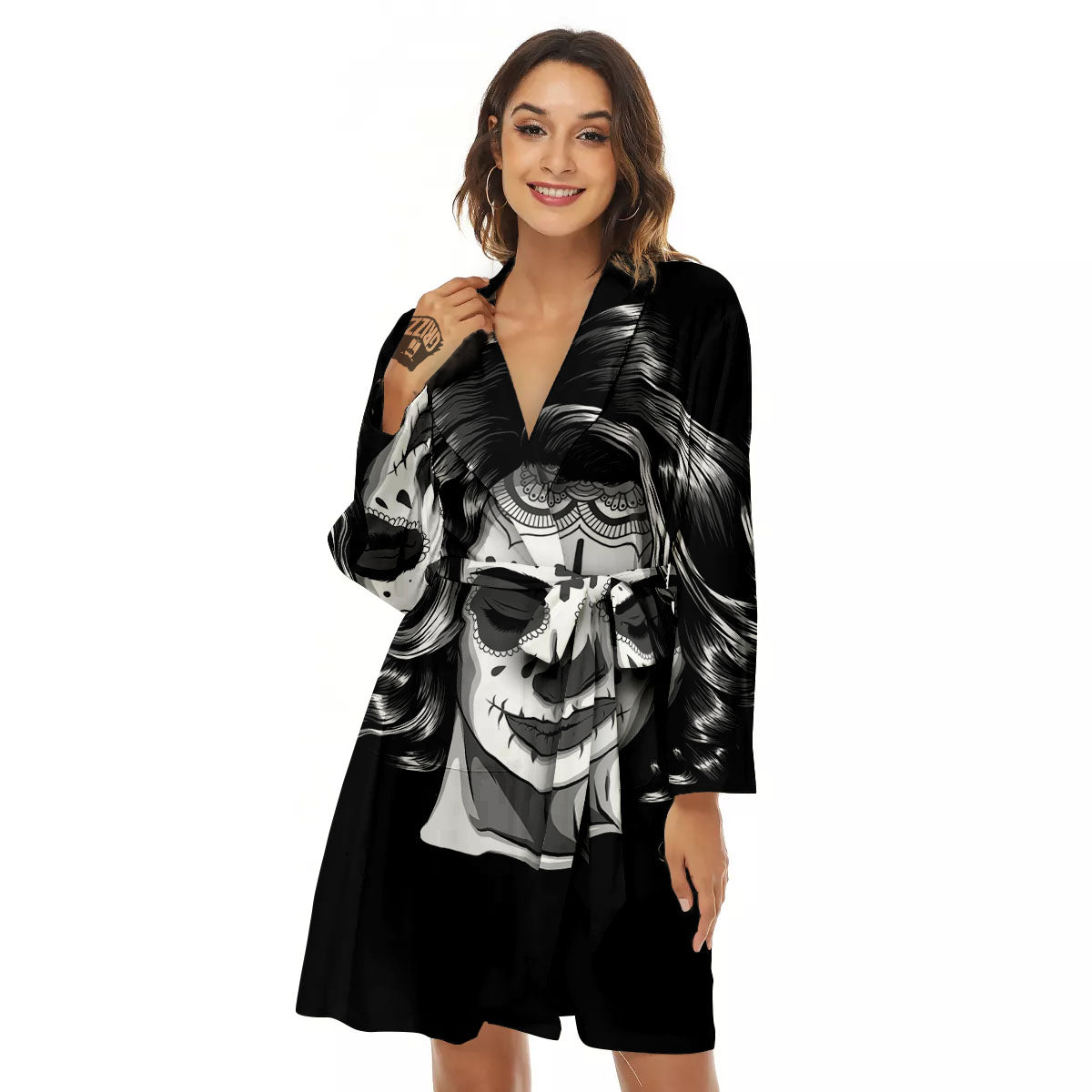 Calavera Girl White And Black Print Women's Robe-grizzshop