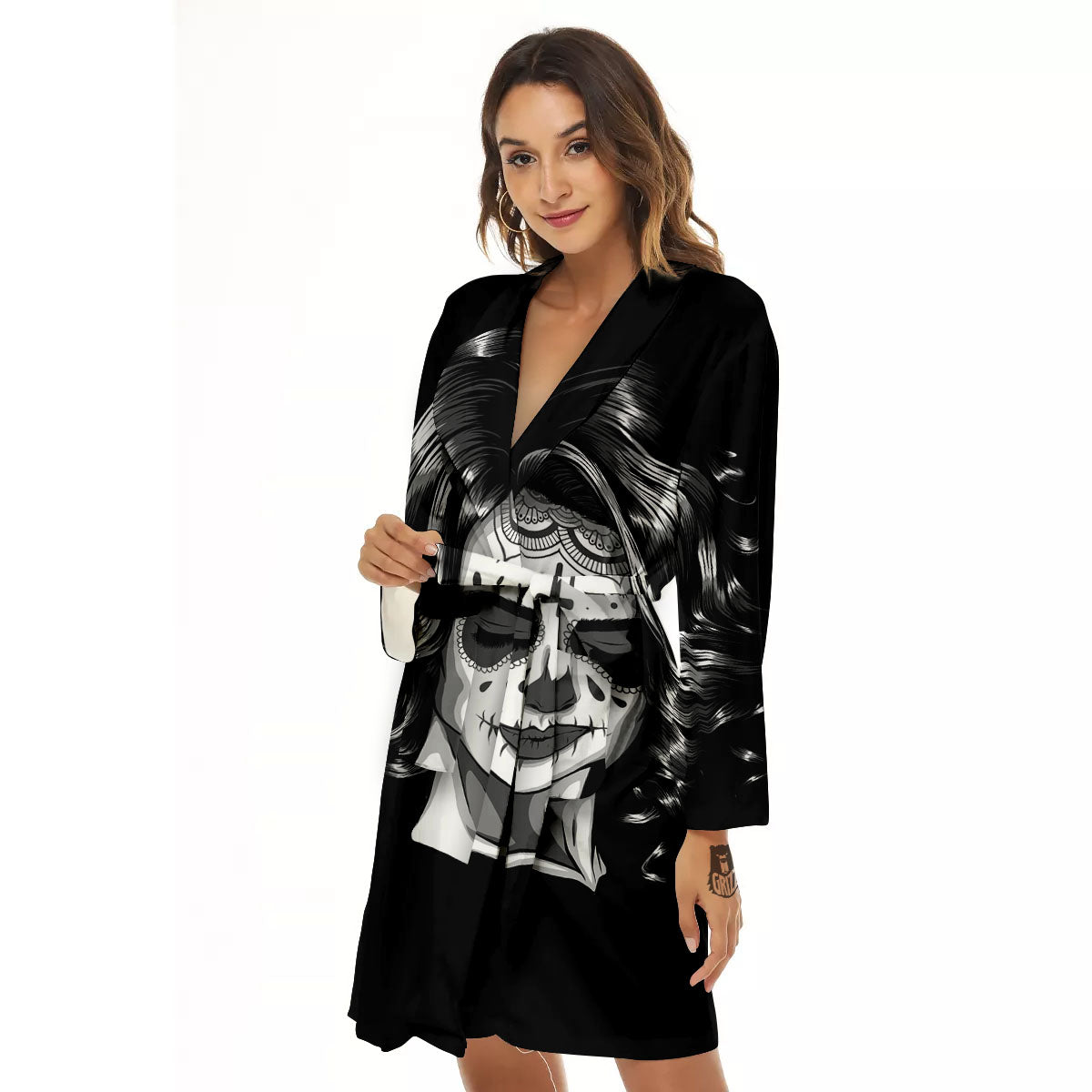 Calavera Girl White And Black Print Women's Robe-grizzshop