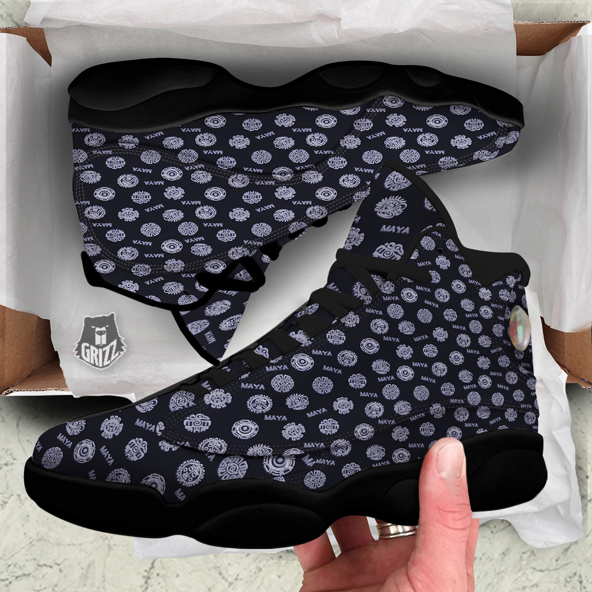 Calendar Aztec Maya Exotic Print Pattern Black Basketball Shoes-grizzshop