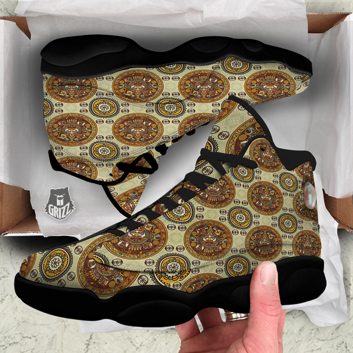 Calendar Aztec Vintage Print Pattern Black Basketball Shoes-grizzshop