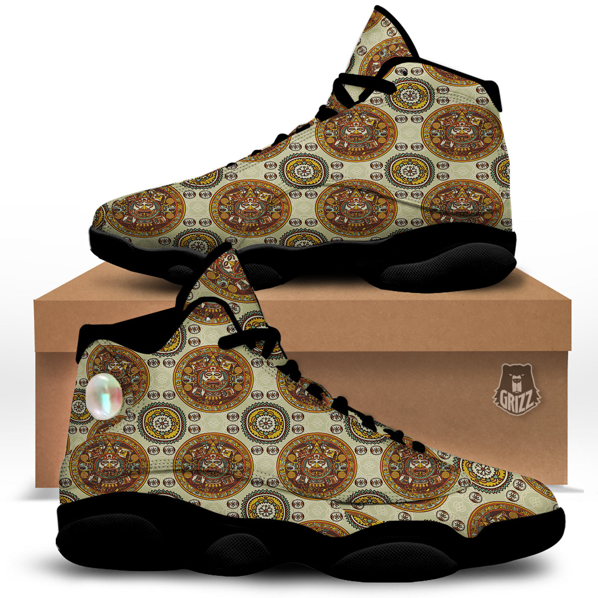 Calendar Aztec Vintage Print Pattern Black Basketball Shoes-grizzshop