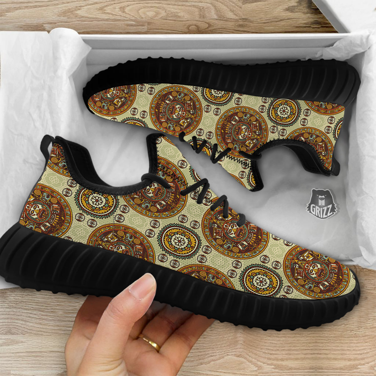 Calendar Aztec Vintage Print Pattern Black Walking Shoes-grizzshop
