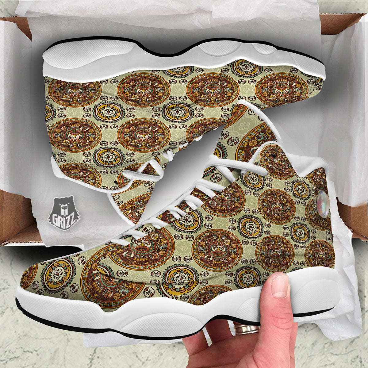Calendar Aztec Vintage Print Pattern White Basketball Shoes-grizzshop