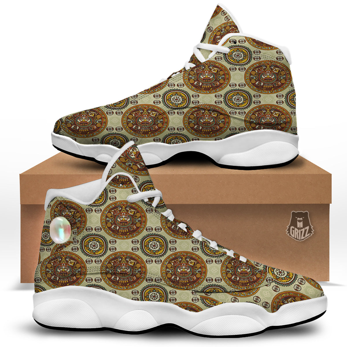 Calendar Aztec Vintage Print Pattern White Basketball Shoes-grizzshop