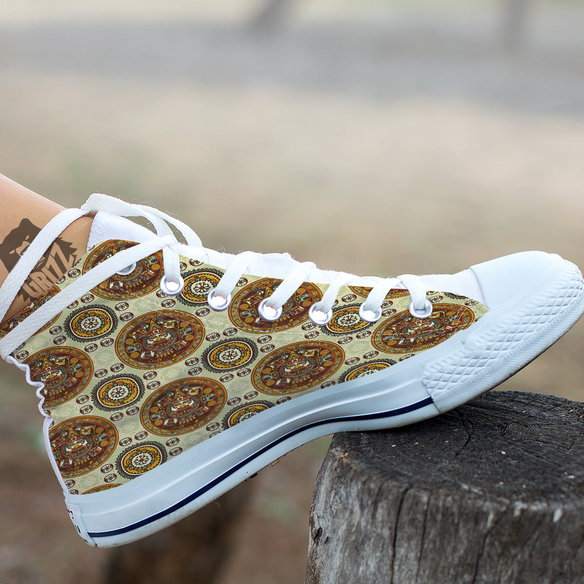 Calendar Aztec Vintage Print Pattern White High Top Shoes-grizzshop