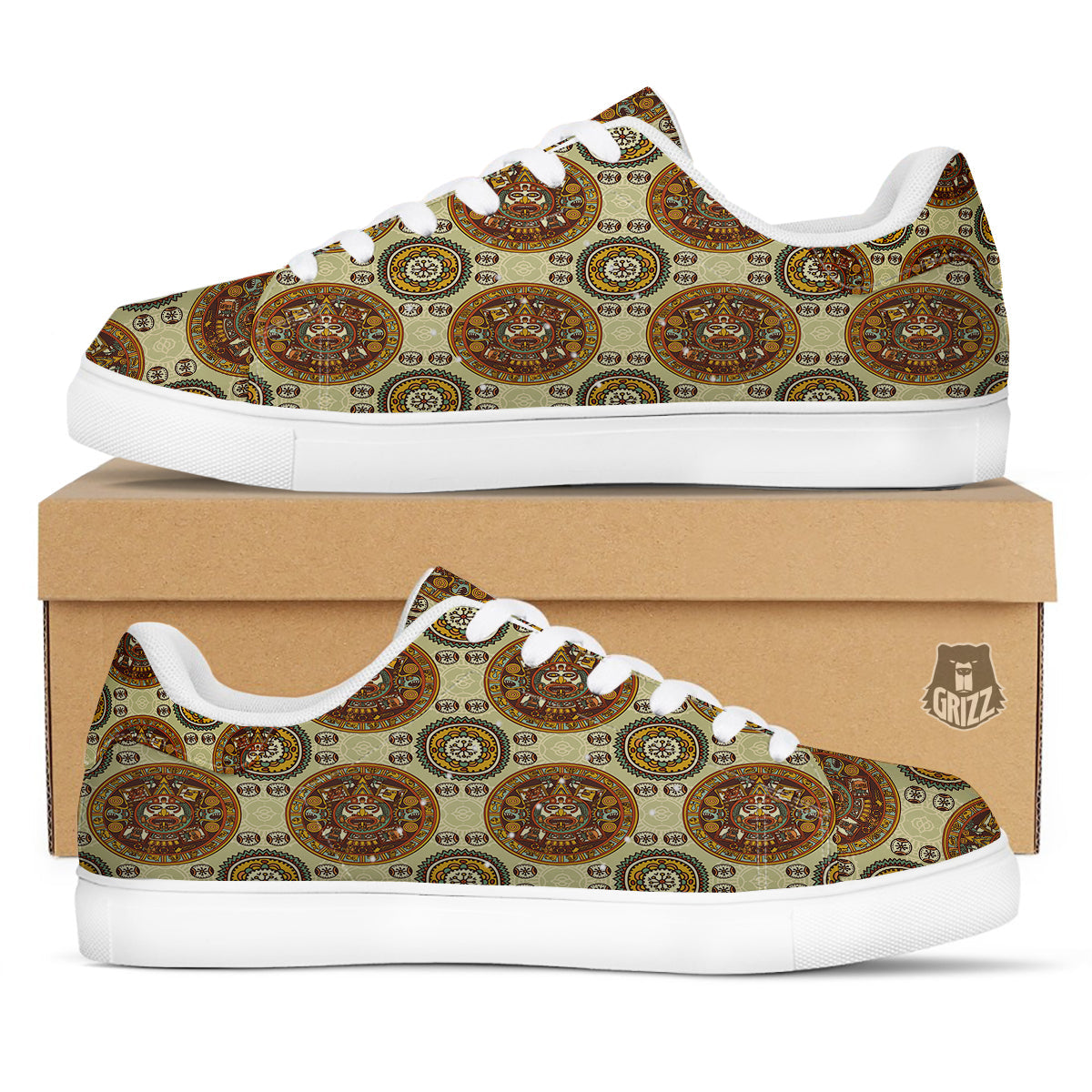 Calendar Aztec Vintage Print Pattern White Low Top Sneakers-grizzshop