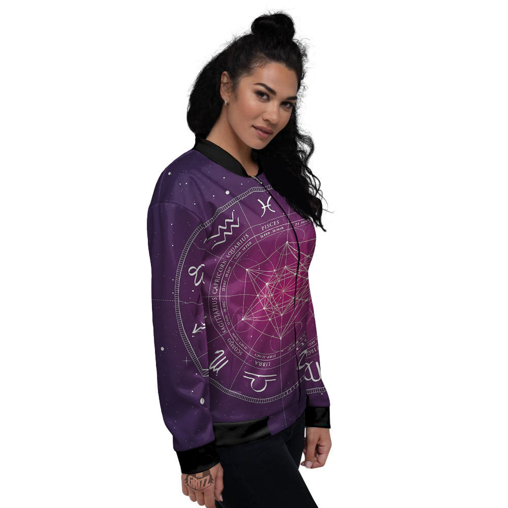 Calendar Geometric Zodiac Print Women's Bomber Jacket-grizzshop