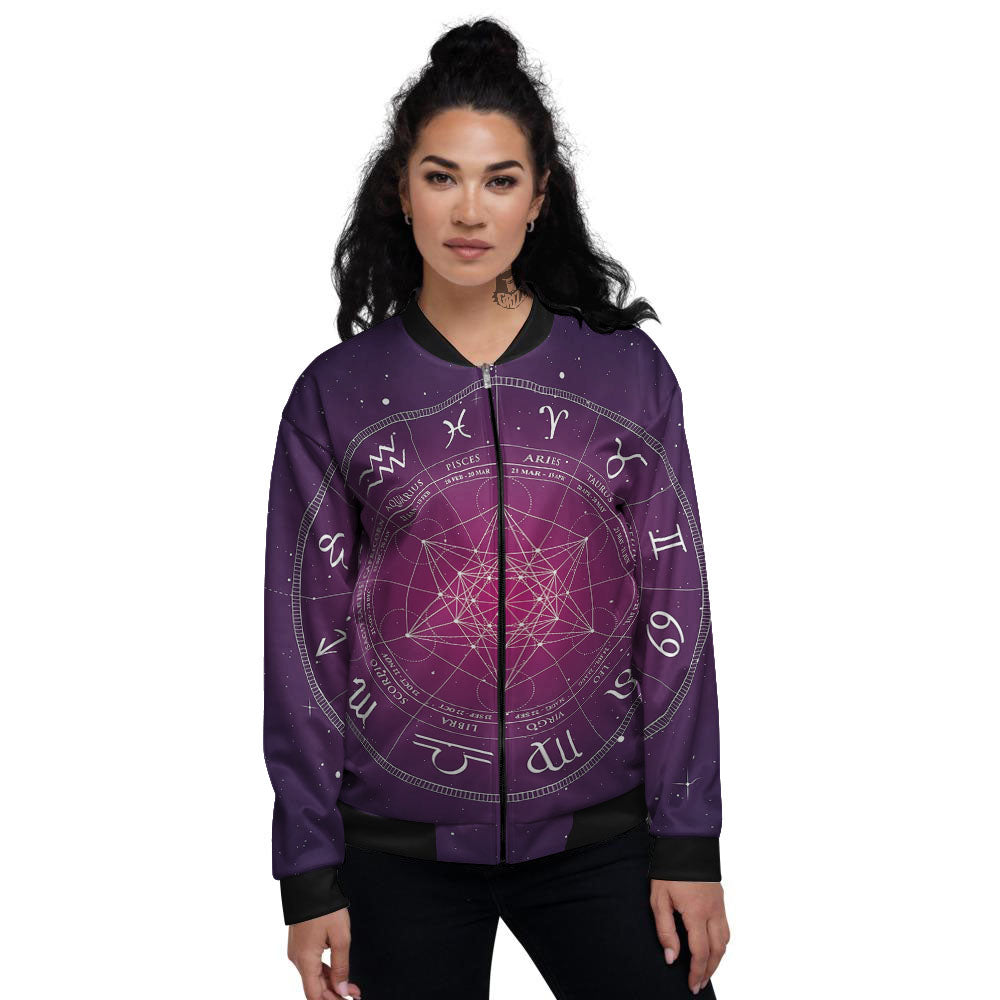 Calendar Geometric Zodiac Print Women's Bomber Jacket-grizzshop