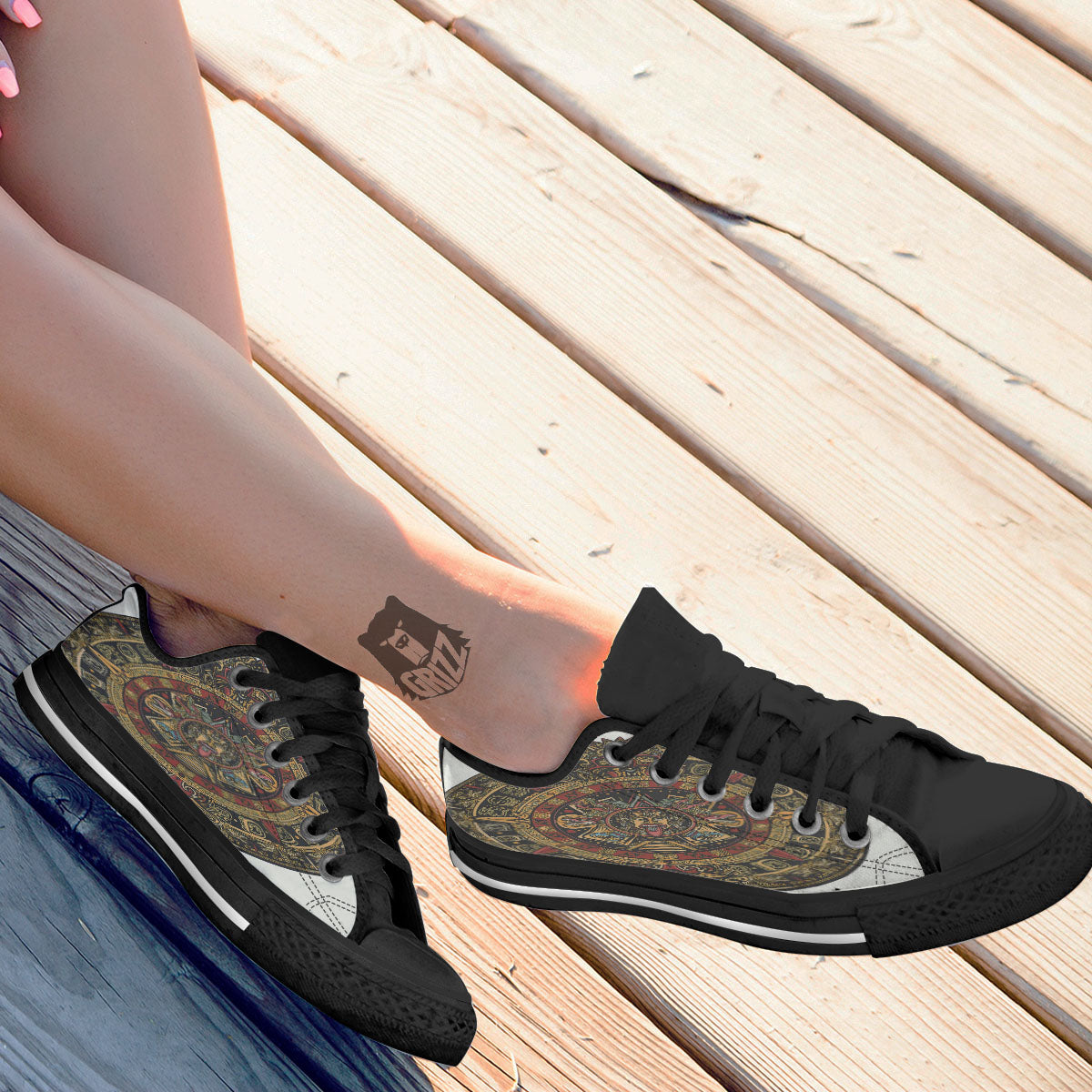 Calendar Mayan Print Black Low Top Shoes-grizzshop