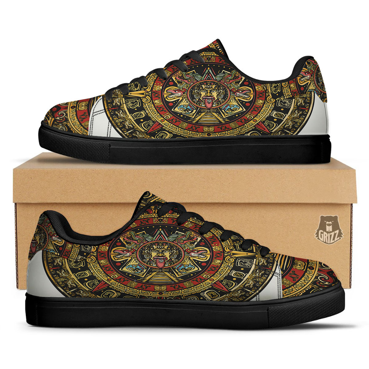 Calendar Mayan Print Black Low Top Sneakers-grizzshop