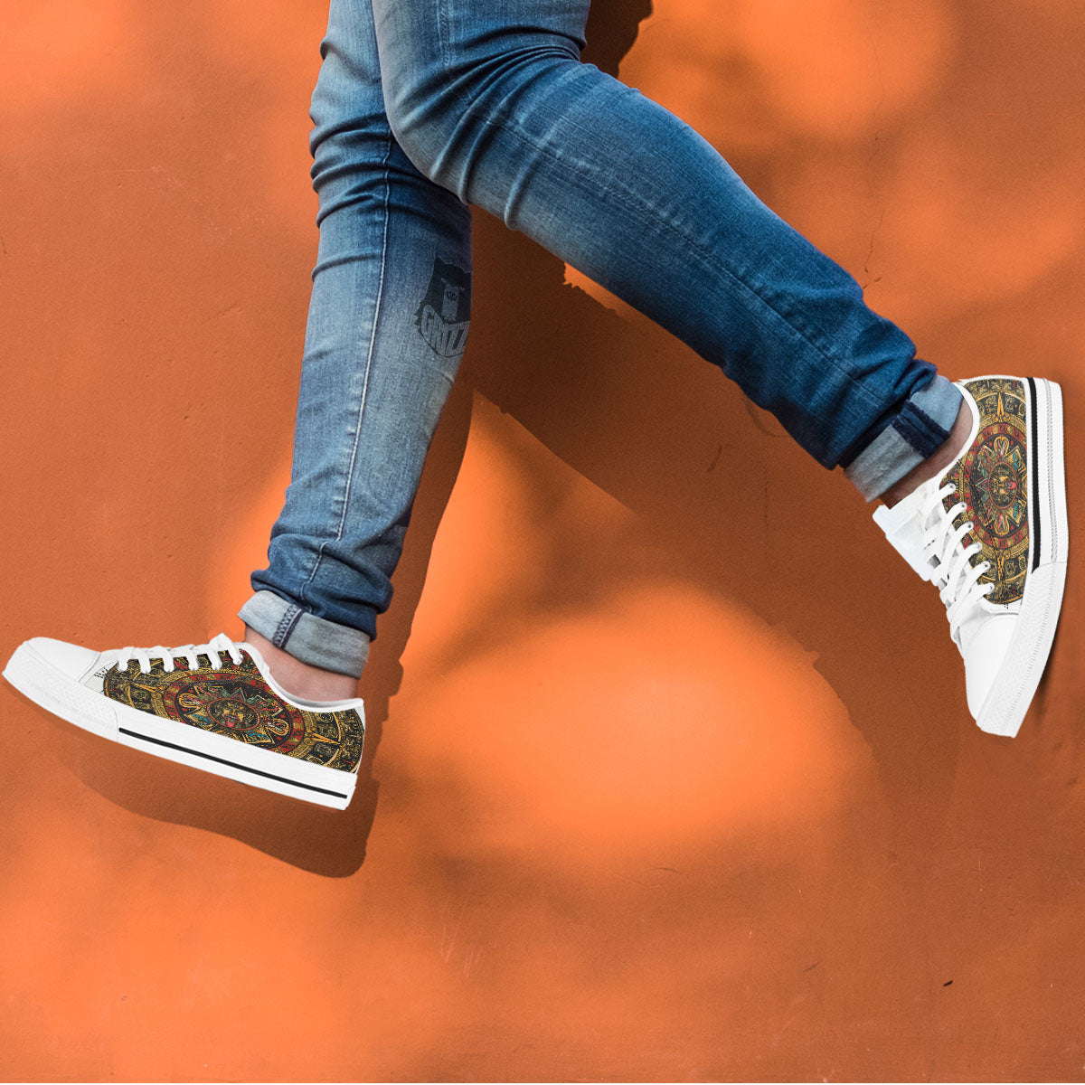 Calendar Mayan Print White Low Top Shoes-grizzshop