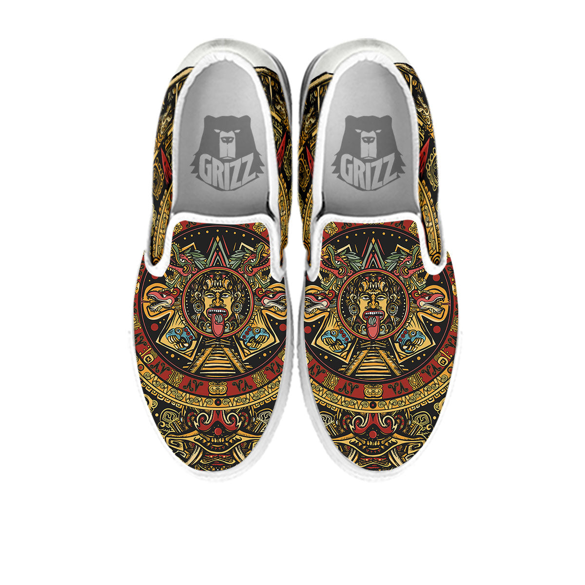 Calendar Mayan Print White Slip On Shoes-grizzshop