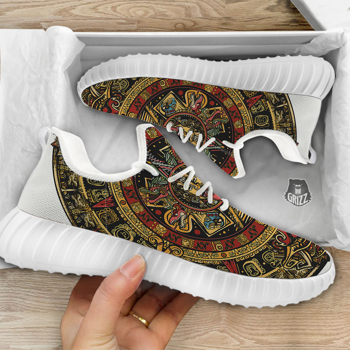 Calendar Mayan Print White Walking Shoes-grizzshop