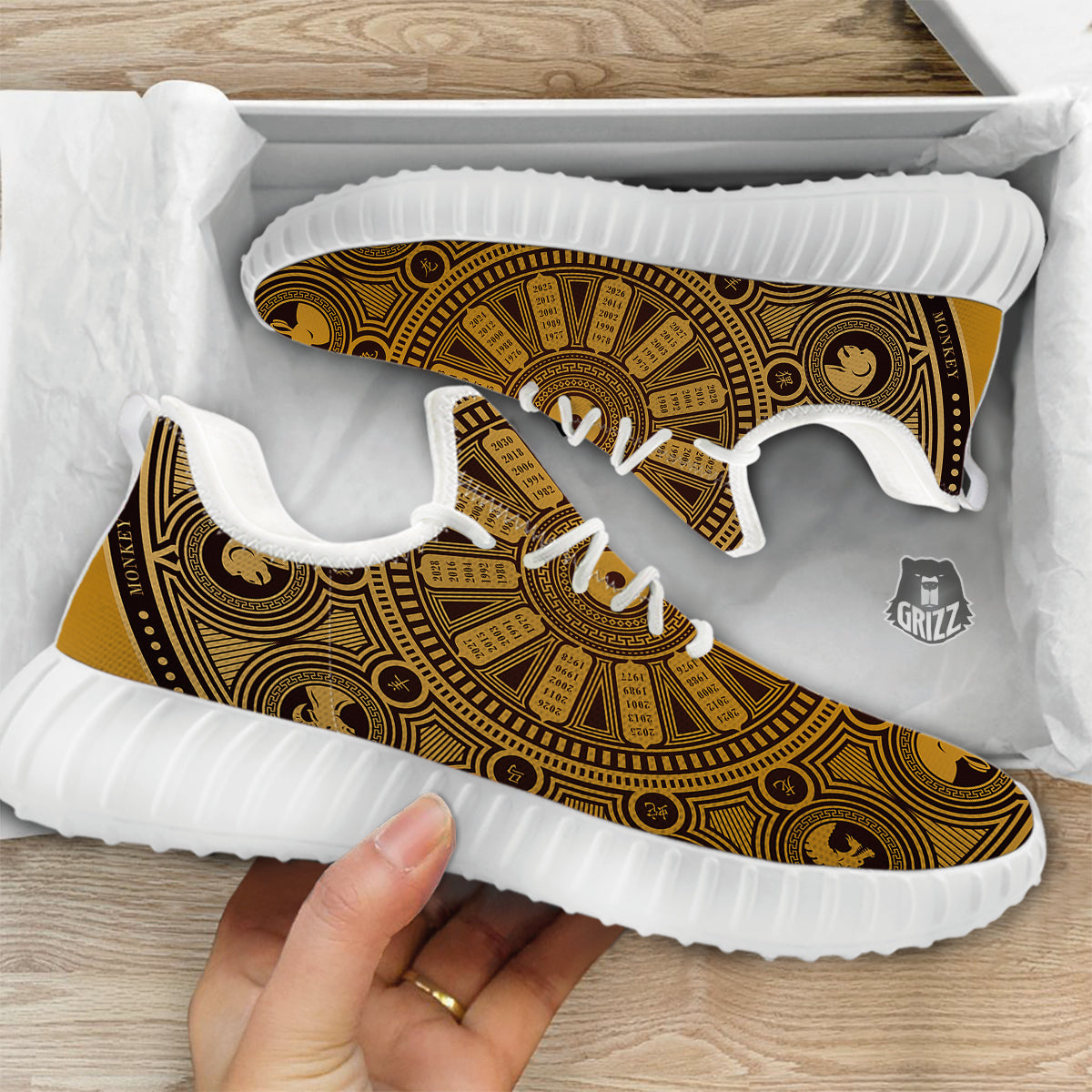Calendar Signs Chinese Zodiac Print White Walking Shoes-grizzshop