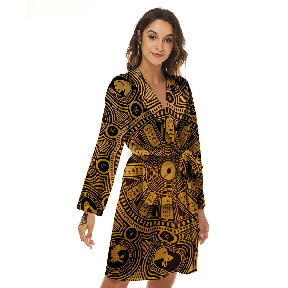Calendar Signs Chinese Zodiac Print Women's Robe-grizzshop