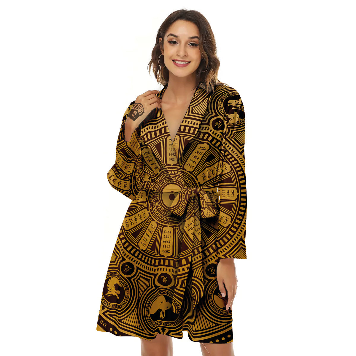 Calendar Signs Chinese Zodiac Print Women's Robe-grizzshop