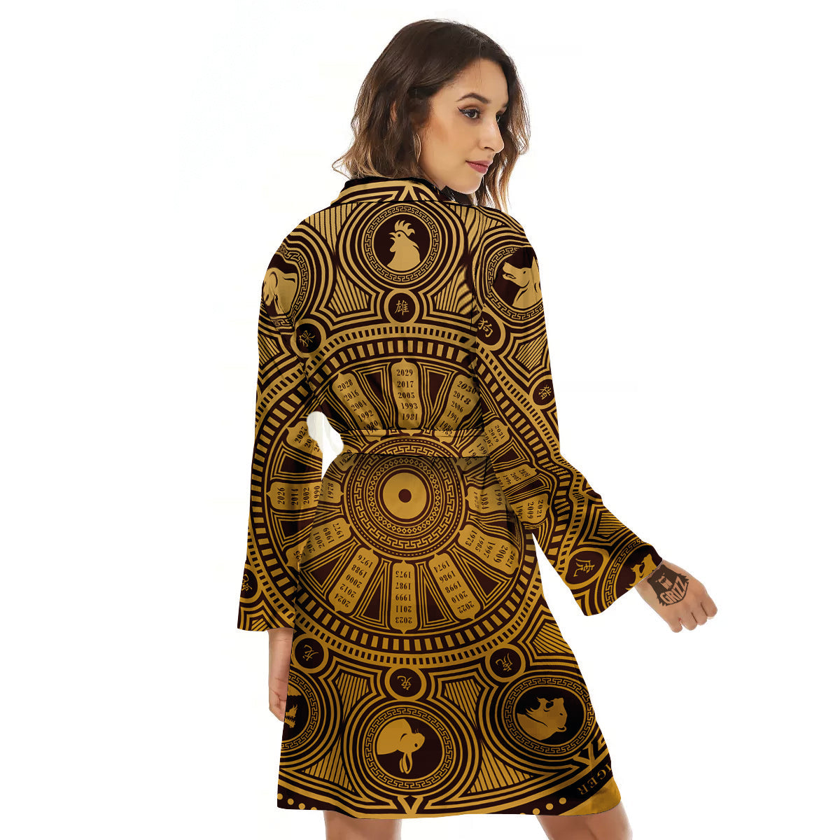 Calendar Signs Chinese Zodiac Print Women's Robe-grizzshop