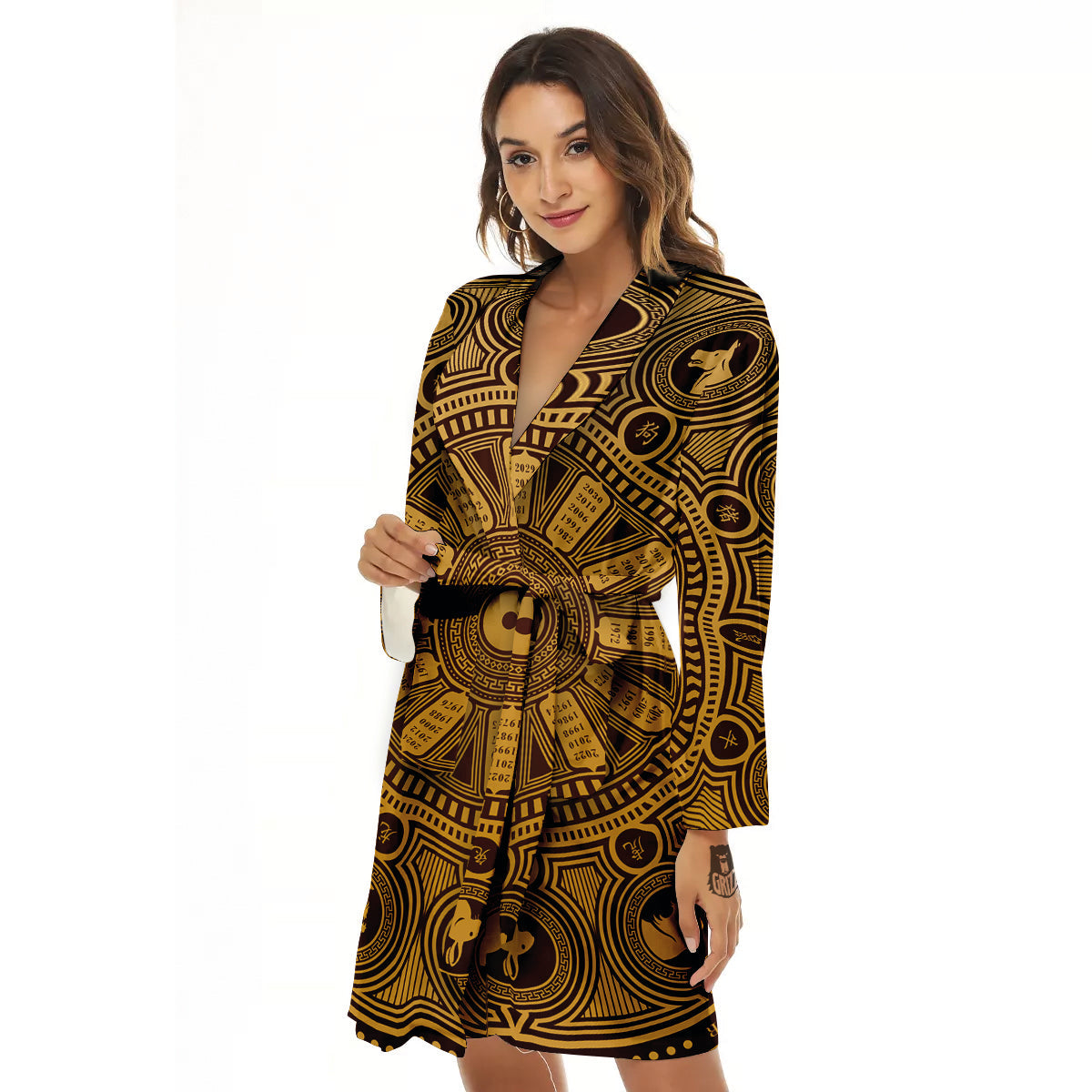 Calendar Signs Chinese Zodiac Print Women's Robe-grizzshop