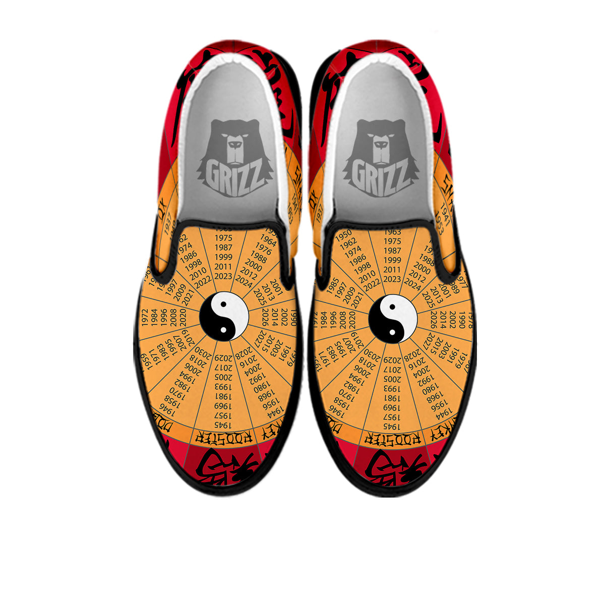 Calendar Wheel Chinese Zodiac Print Black Slip On Shoes-grizzshop