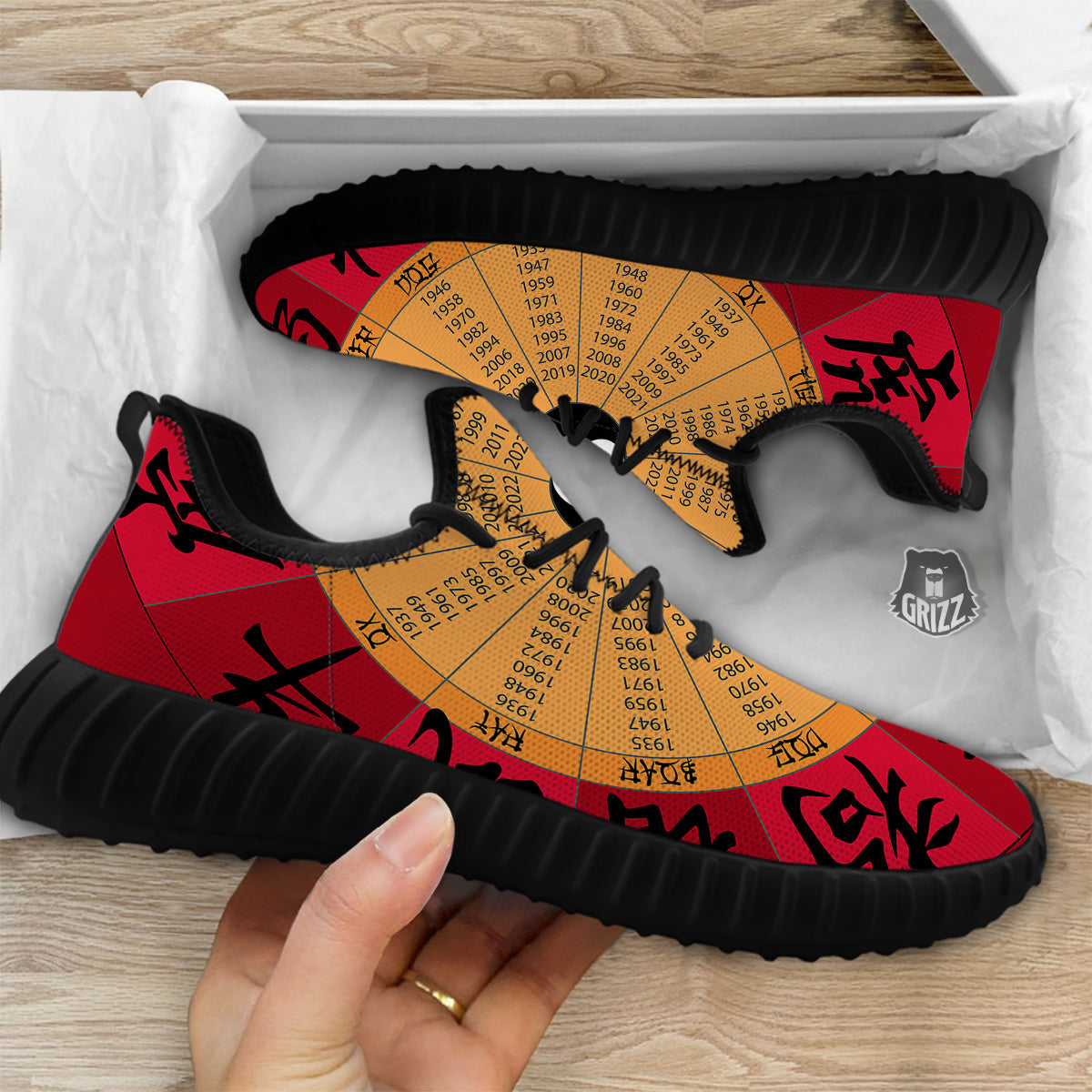 Calendar Wheel Chinese Zodiac Print Black Walking Shoes-grizzshop