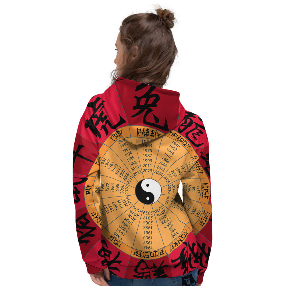 Calendar Wheel Chinese Zodiac Print Women's Hoodie-grizzshop