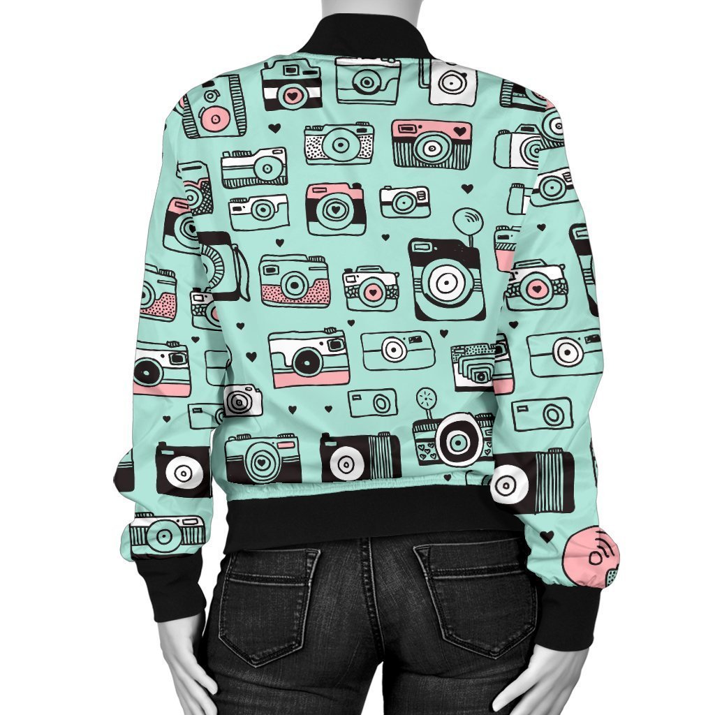 Camera Pastel Pattern Print Women Casual Bomber Jacket-grizzshop