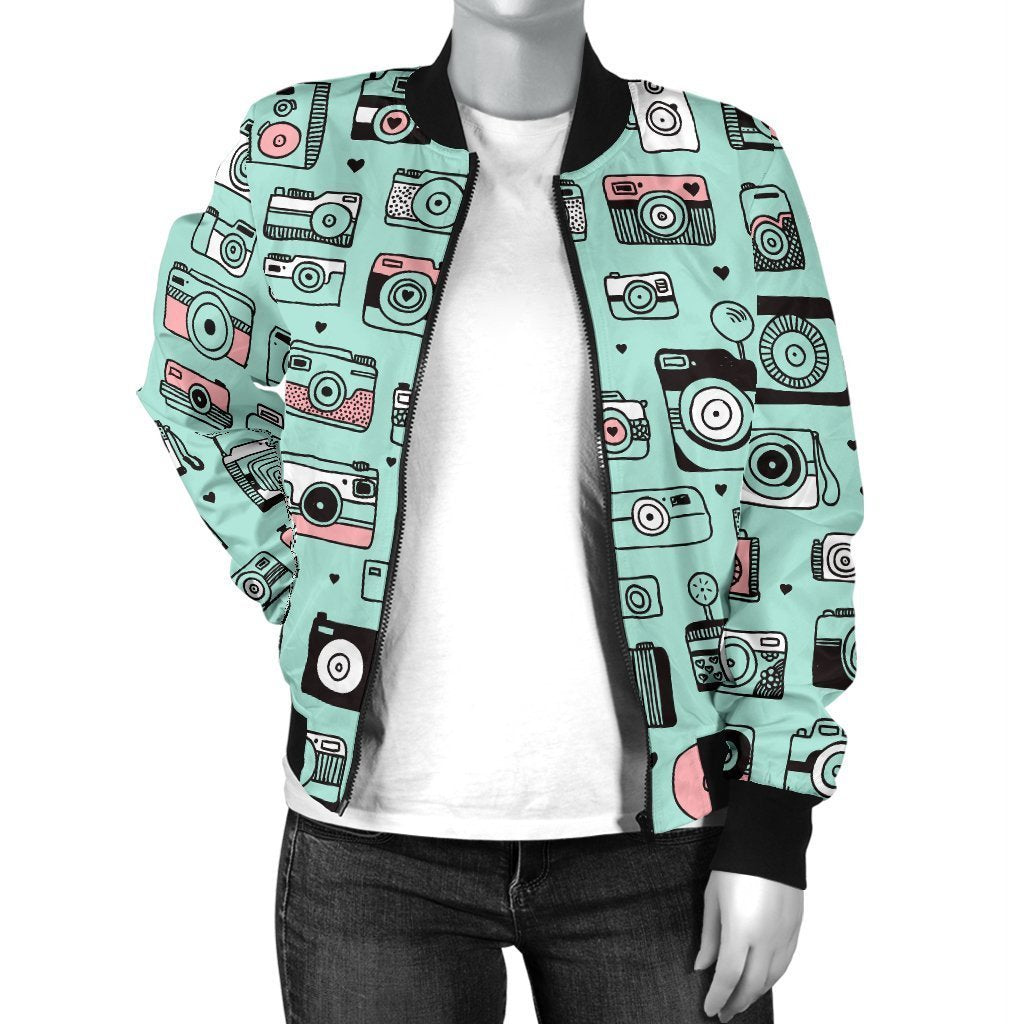 Camera Pastel Pattern Print Women Casual Bomber Jacket-grizzshop