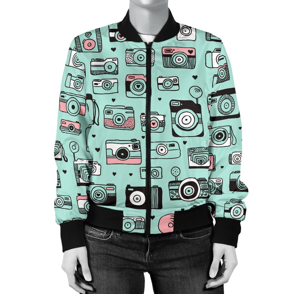 Camera Pastel Pattern Print Women Casual Bomber Jacket-grizzshop