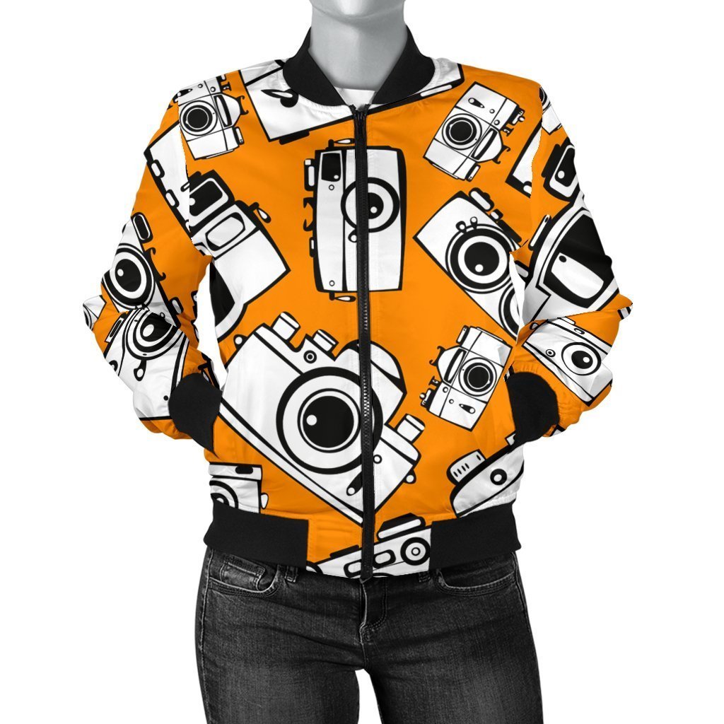 Camera Pattern Print Women Casual Bomber Jacket-grizzshop