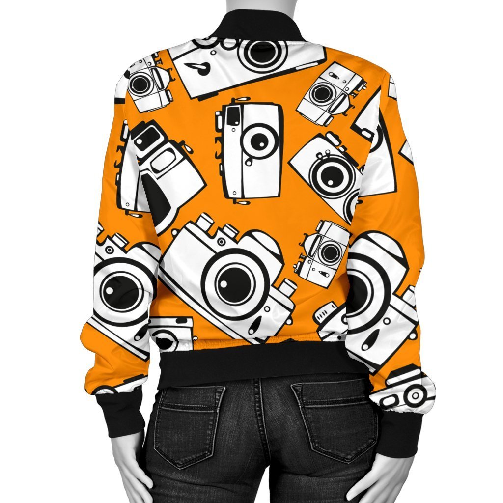 Camera Pattern Print Women Casual Bomber Jacket-grizzshop