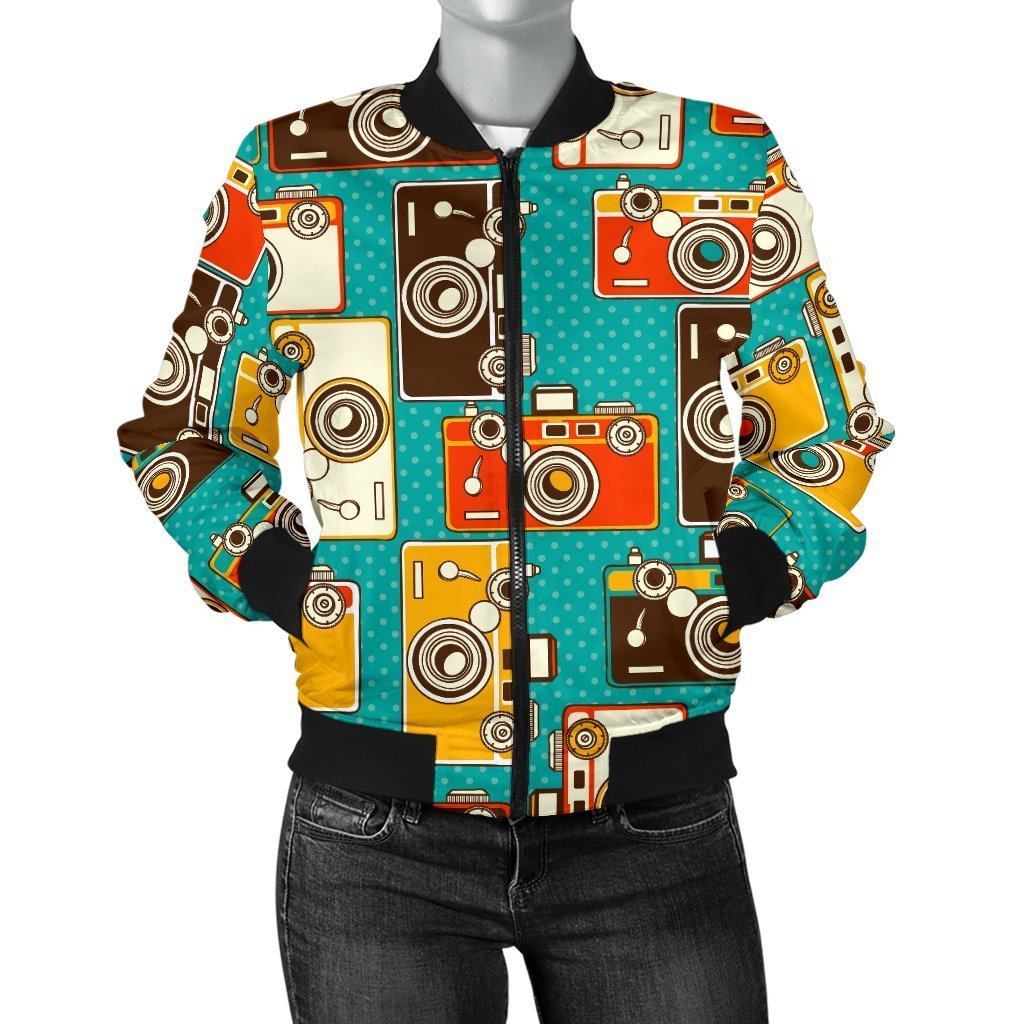 Camera Print Pattern Women Casual Bomber Jacket-grizzshop
