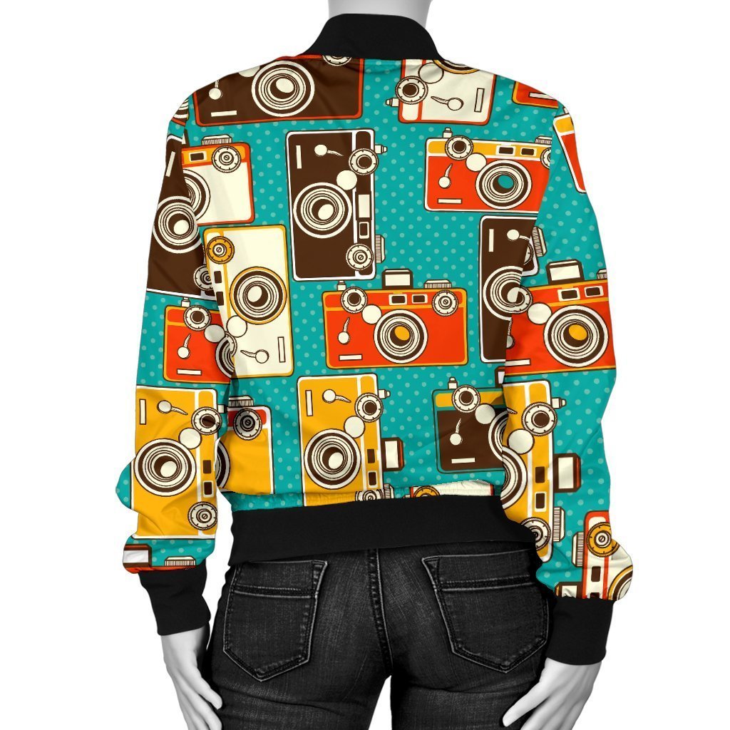 Camera Print Pattern Women Casual Bomber Jacket-grizzshop