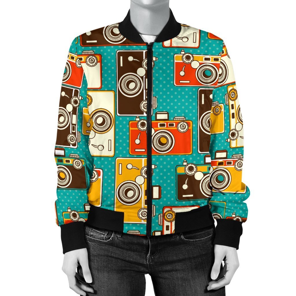 Camera Print Pattern Women Casual Bomber Jacket-grizzshop