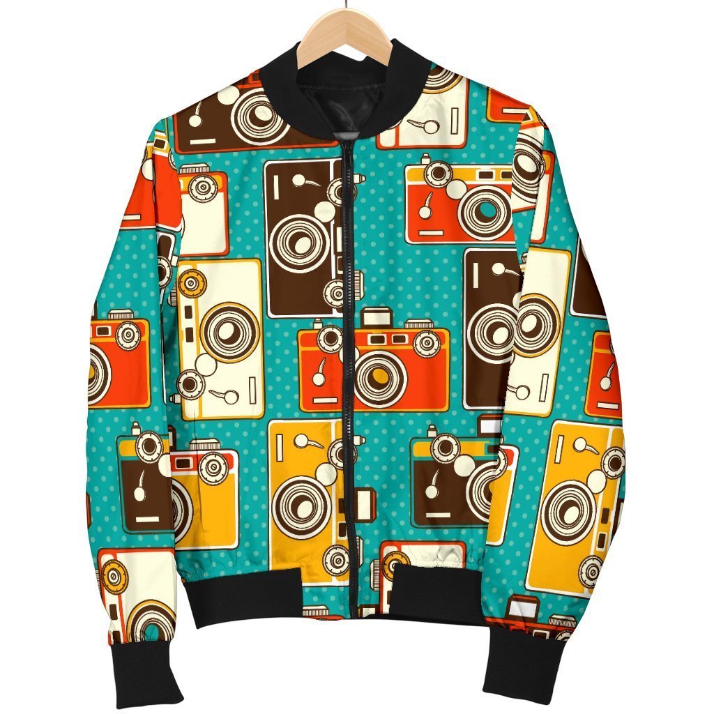 Camera Print Pattern Women Casual Bomber Jacket-grizzshop