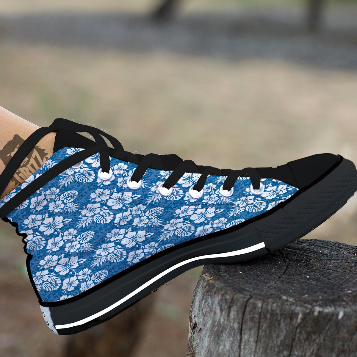 Camo Flower Aloha Hawaiian Print Pattern Black High Top Shoes-grizzshop