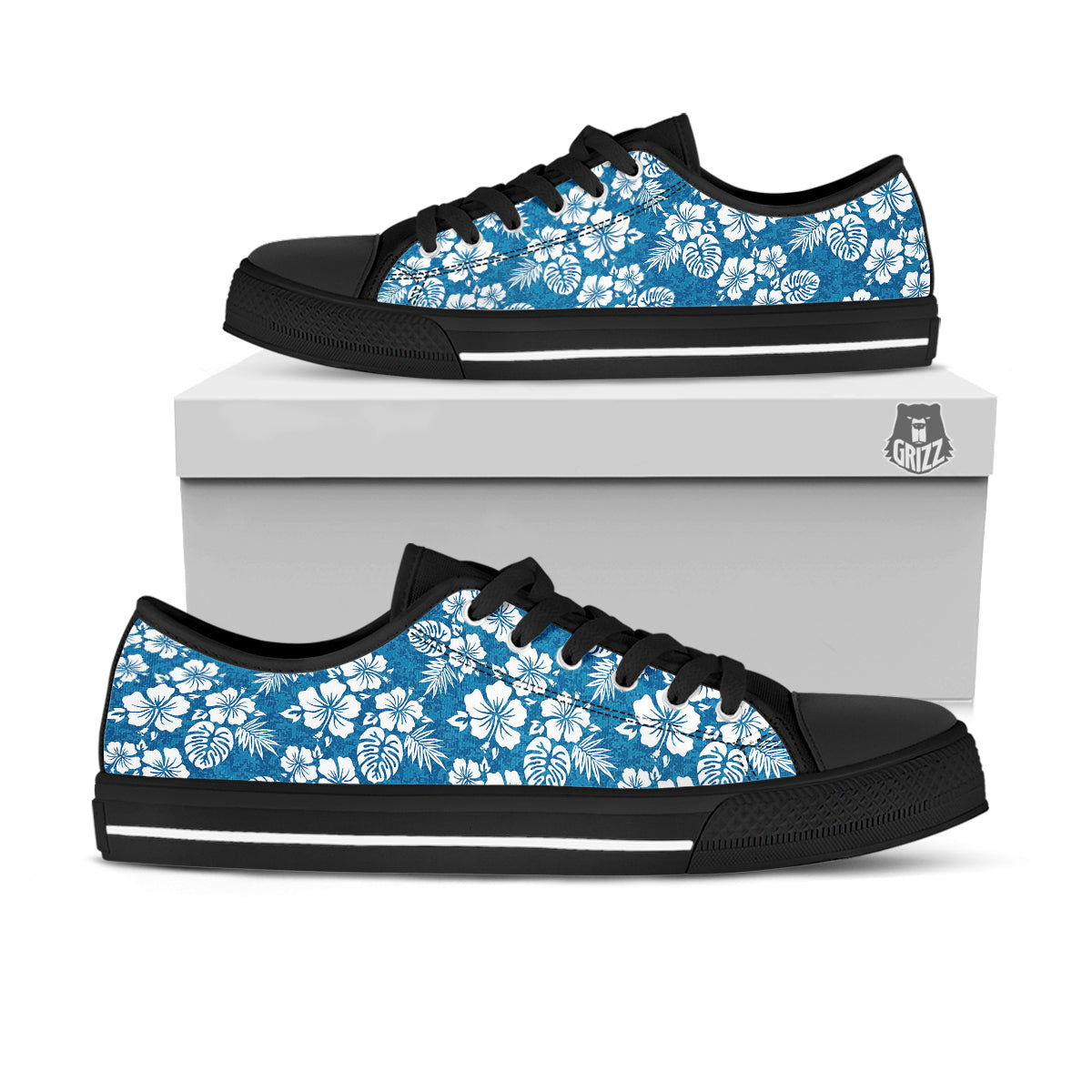 Camo Flower Aloha Hawaiian Print Pattern Black Low Top Shoes-grizzshop