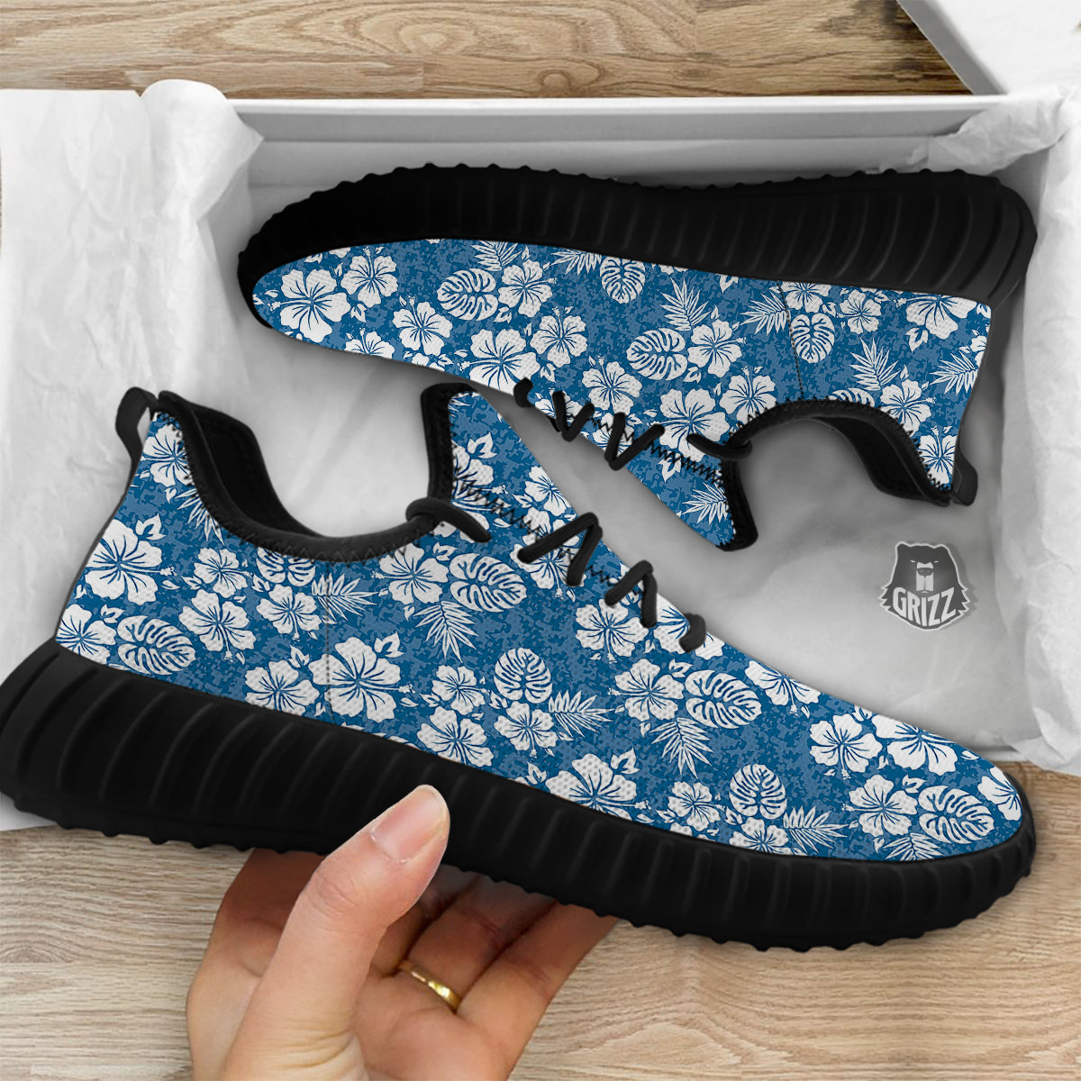 Camo Flower Aloha Hawaiian Print Pattern Black Walking Shoes-grizzshop