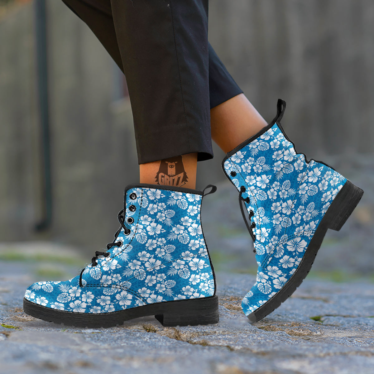 Camo Flower Aloha Hawaiian Print Pattern Leather Boots-grizzshop