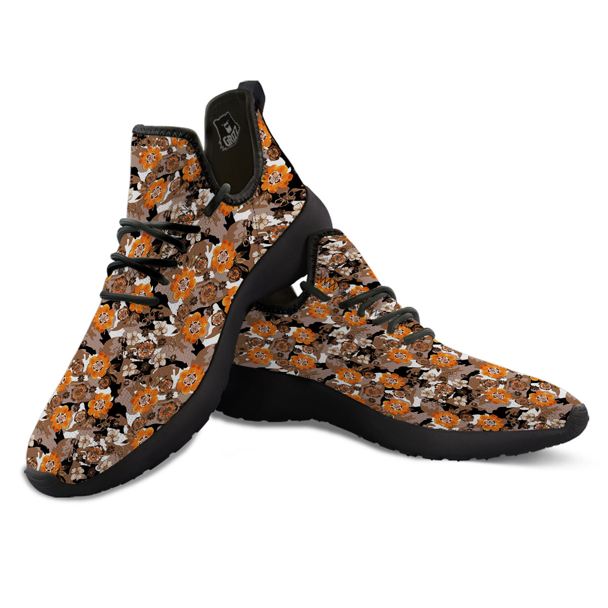 Camo Flower Brown Hawaiian Print Pattern Black Athletic Shoes-grizzshop