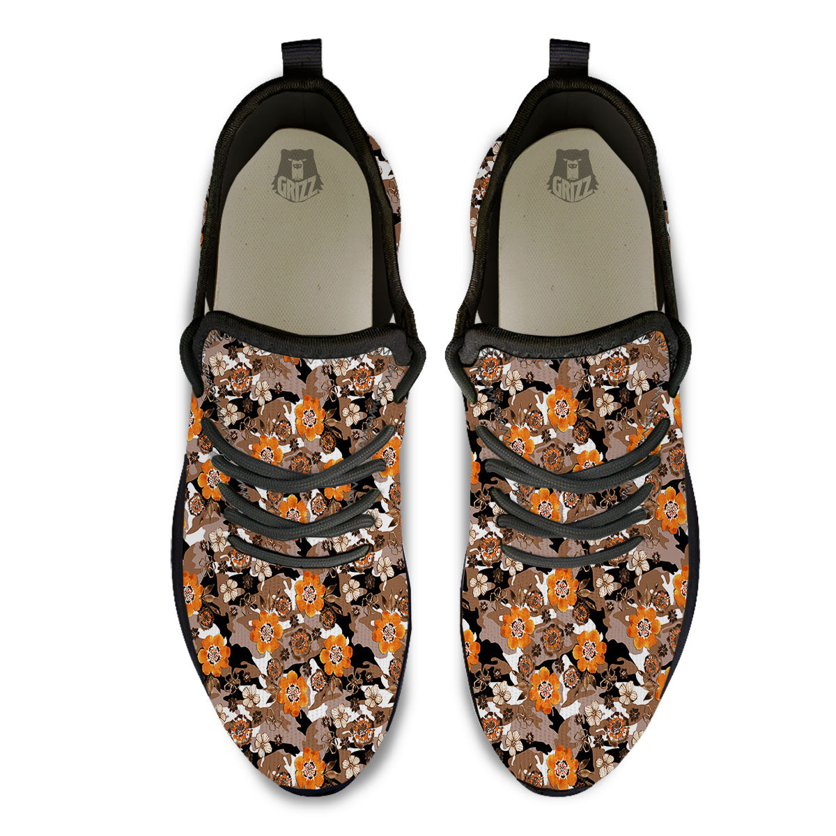 Camo Flower Brown Hawaiian Print Pattern Black Athletic Shoes-grizzshop