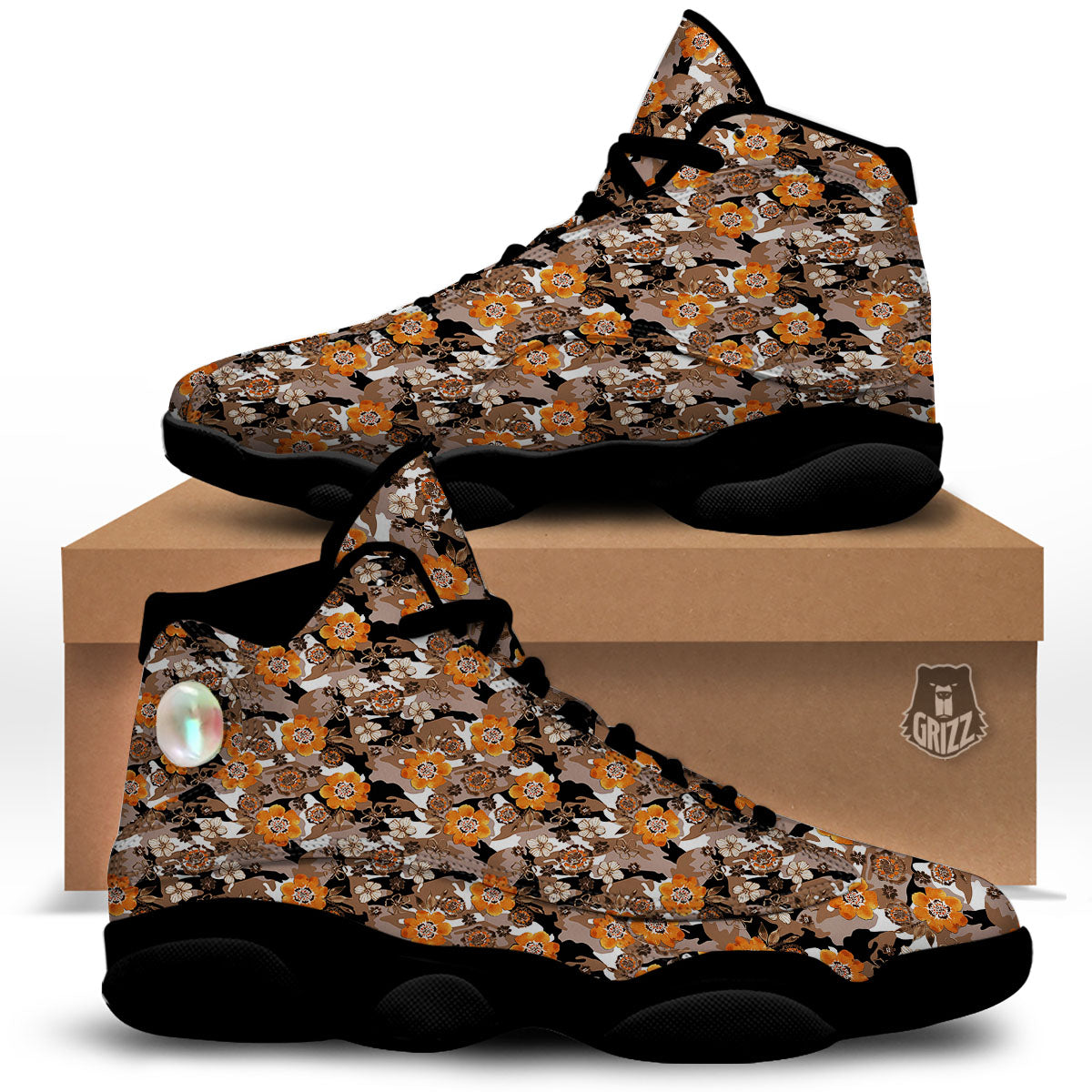 Camo Flower Brown Hawaiian Print Pattern Black Basketball Shoes-grizzshop