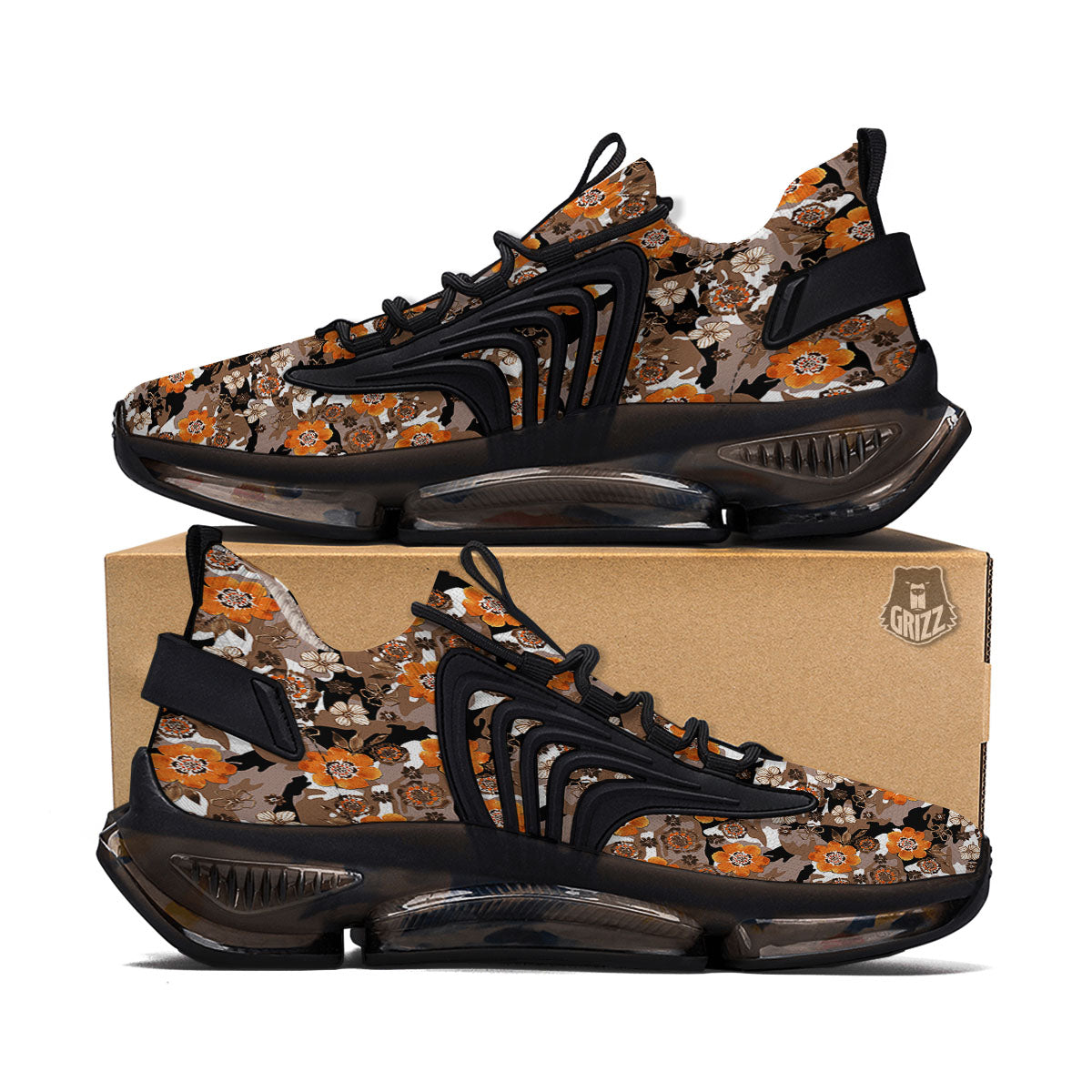 Camo Flower Brown Hawaiian Print Pattern Black Gym Shoes-grizzshop
