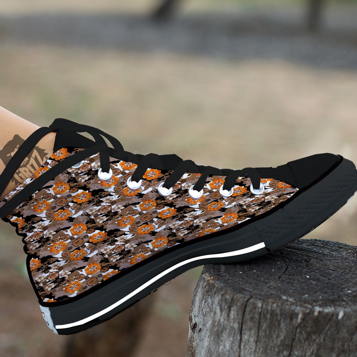 Camo Flower Brown Hawaiian Print Pattern Black High Top Shoes-grizzshop