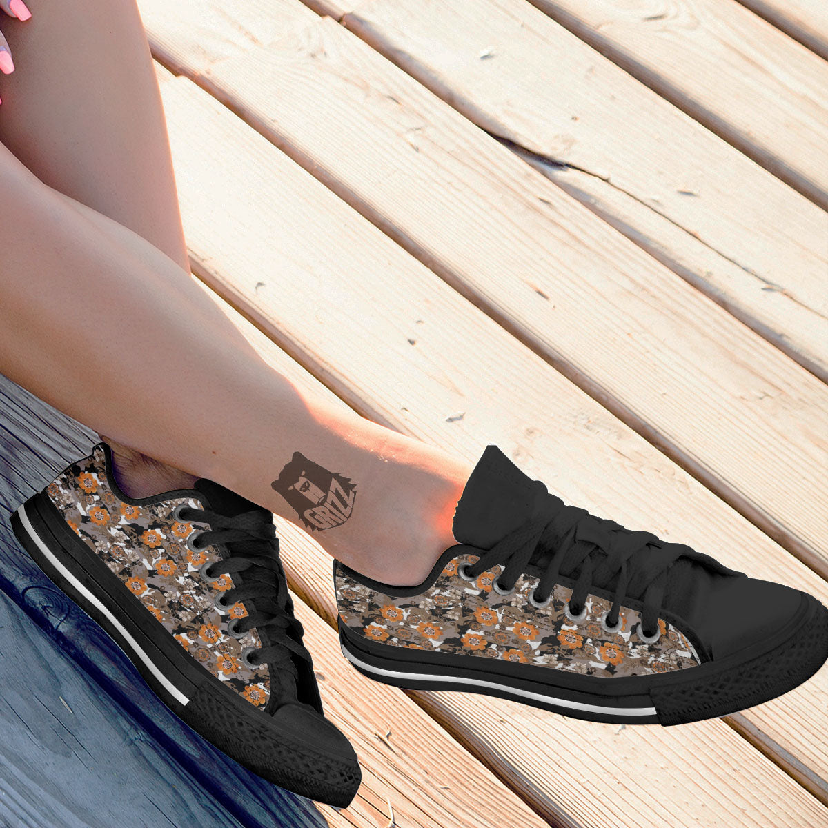 Camo Flower Brown Hawaiian Print Pattern Black Low Top Shoes-grizzshop