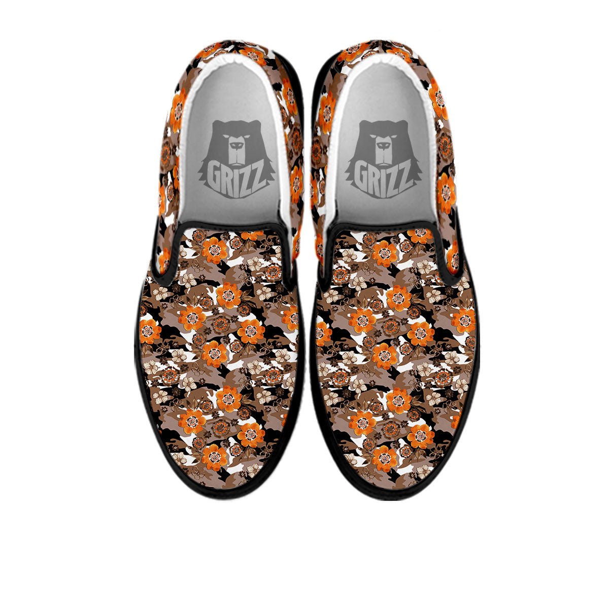 Camo Flower Brown Hawaiian Print Pattern Black Slip On Shoes-grizzshop