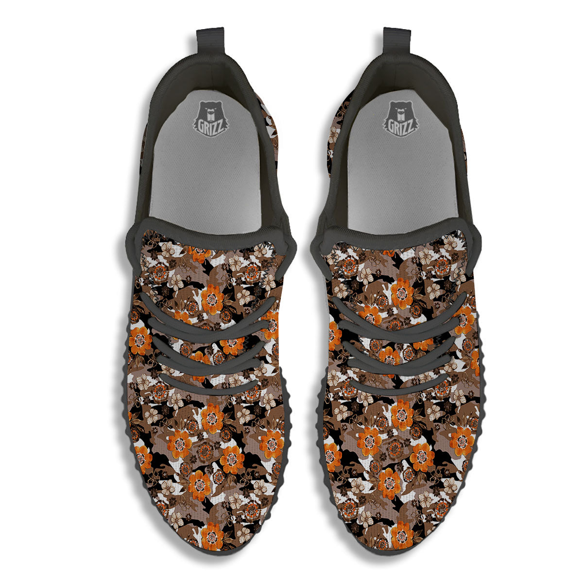 Camo Flower Brown Hawaiian Print Pattern Black Walking Shoes-grizzshop
