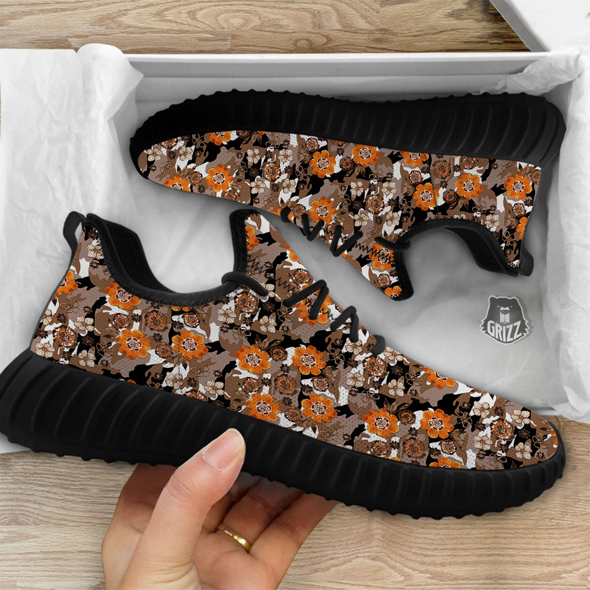 Camo Flower Brown Hawaiian Print Pattern Black Walking Shoes-grizzshop