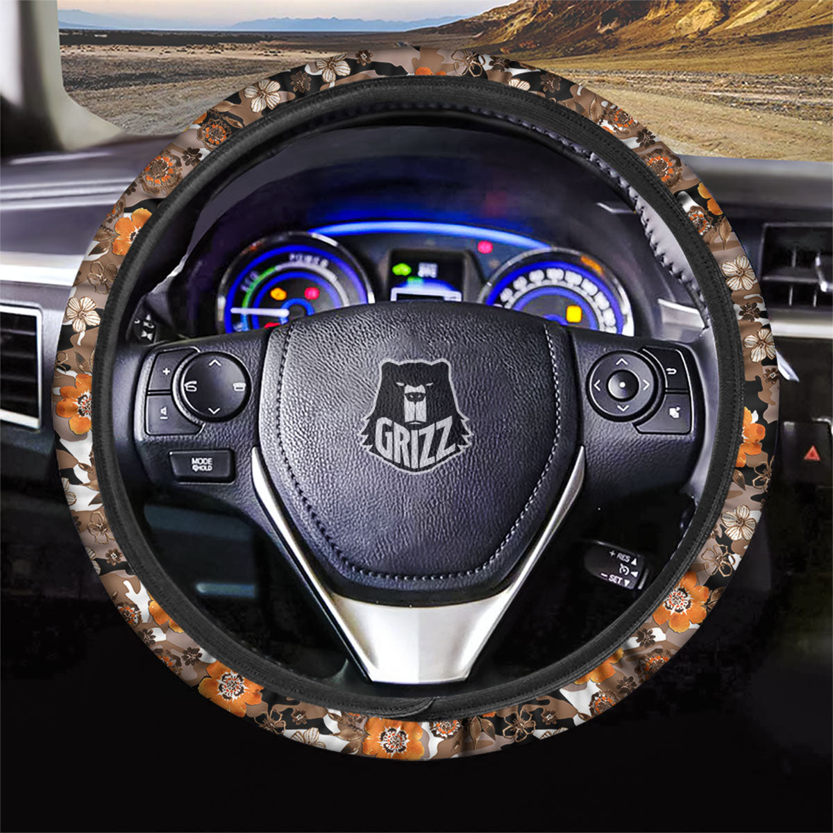 Camo Flower Brown Hawaiian Print Pattern Car Steering Wheel Cover-grizzshop