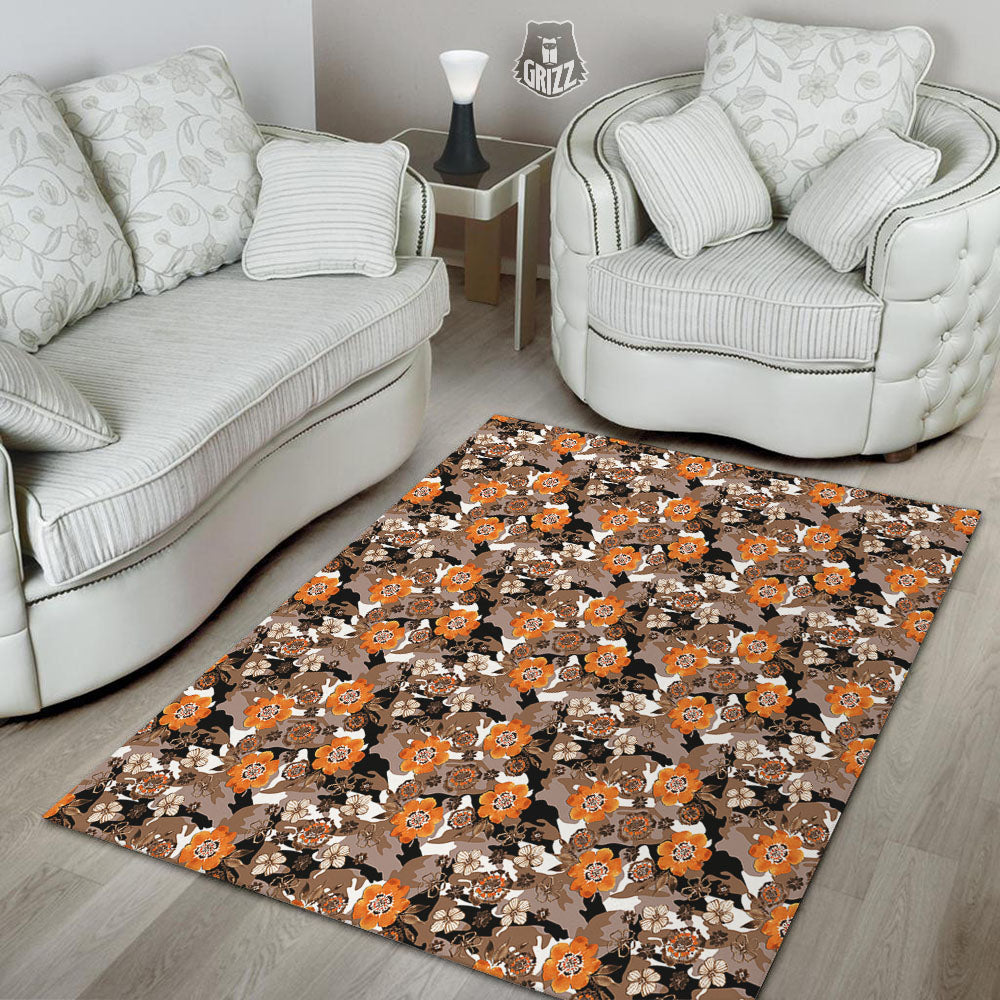 Camo Flower Brown Hawaiian Print Pattern Floor Mat-grizzshop